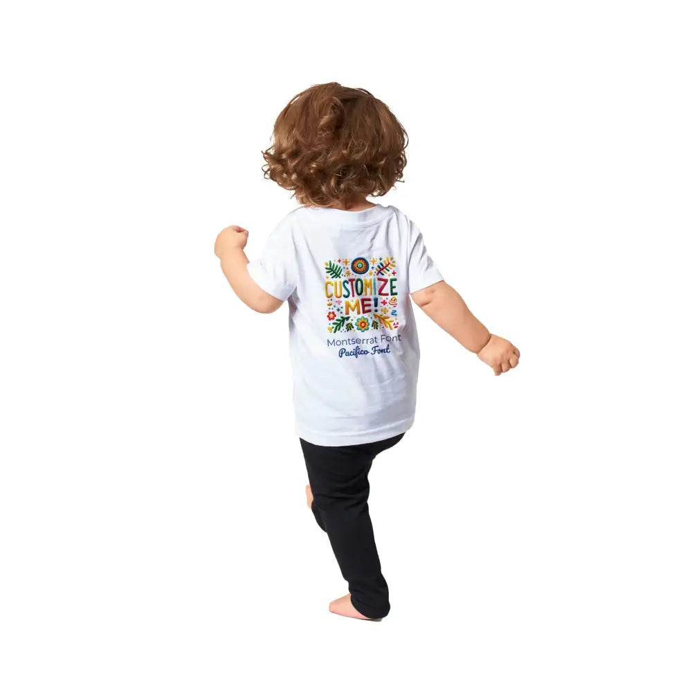 Toddler in customizable graphic tee with Trini Skies design