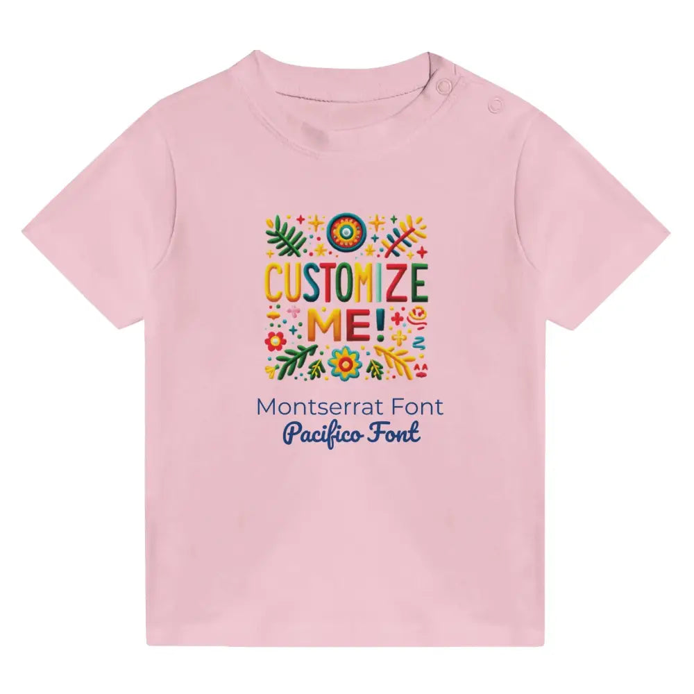 Pink baby t-shirt with colorful customize me design by Trini Skies