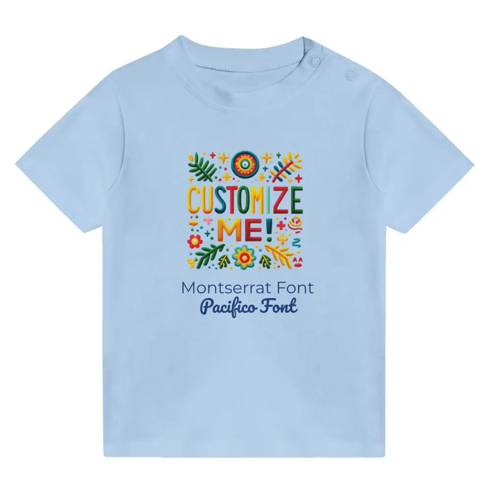 Customizable light blue Trini Skies baby graphic tee with colorful font examples