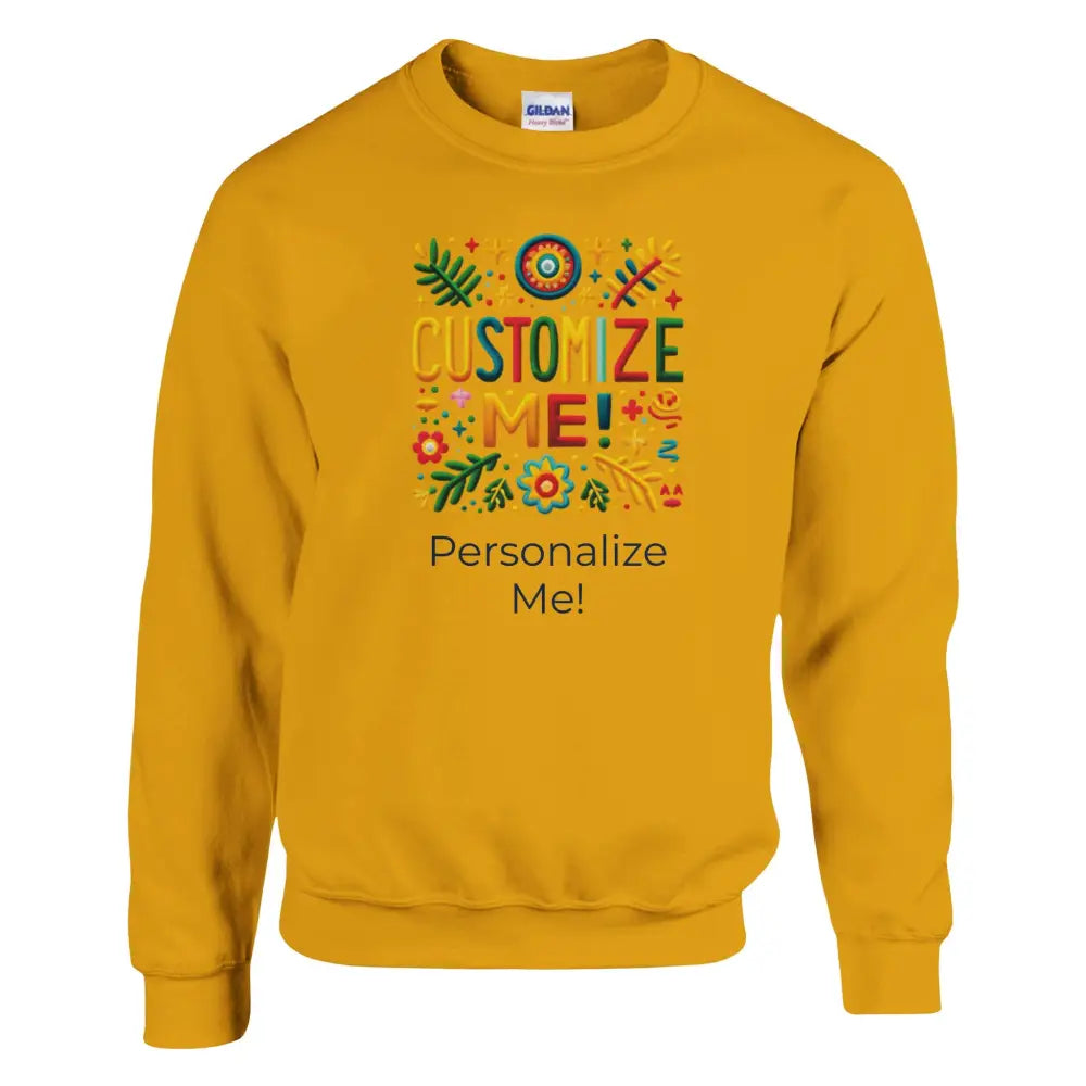 Mustard yellow crewneck sweatshirt with customize me graphic design