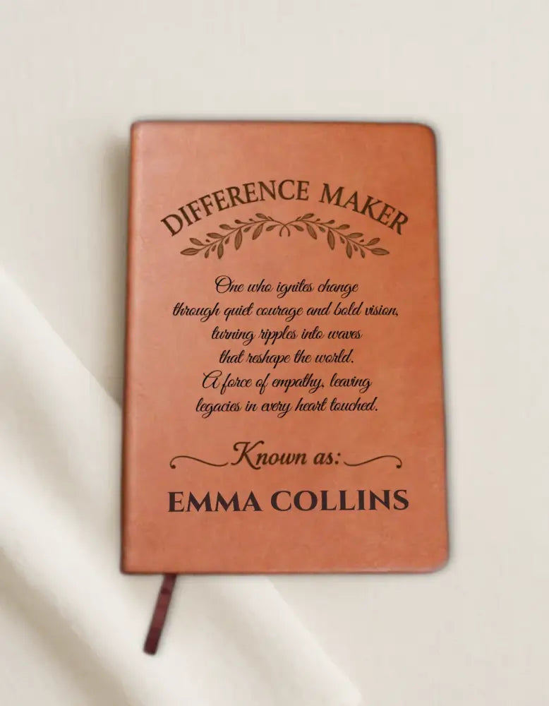Personalized reddish-brown Difference Maker Journal with engraved text