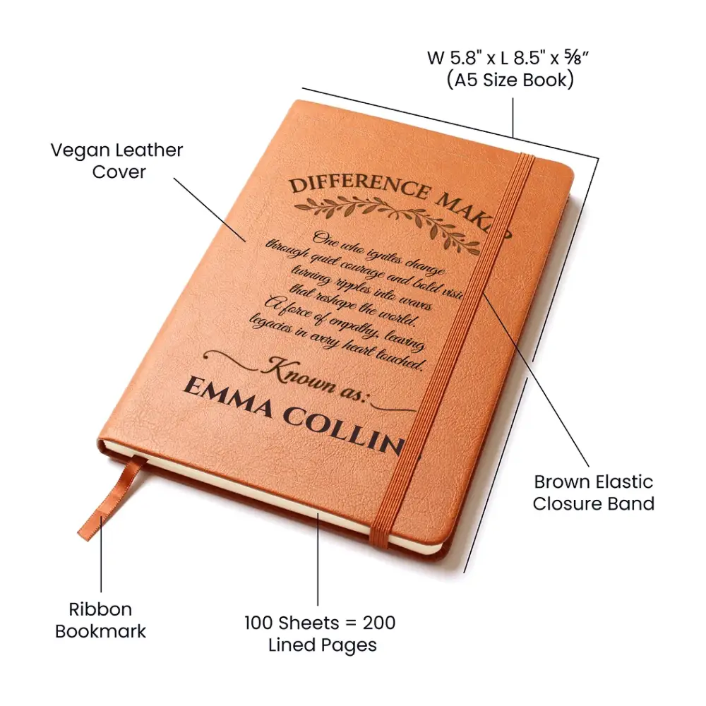 Personalized vegan leather difference maker journal with ribbon bookmark