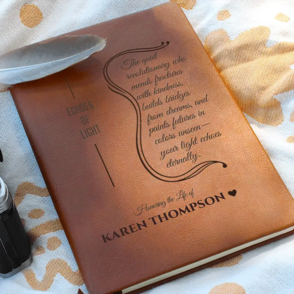 Brown leather-bound memory journal with engraved text