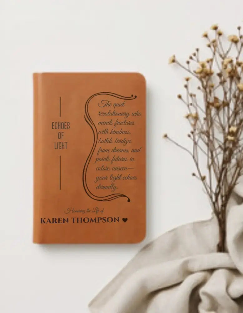 Personalized in memory journal with brown vegan leather embossed design