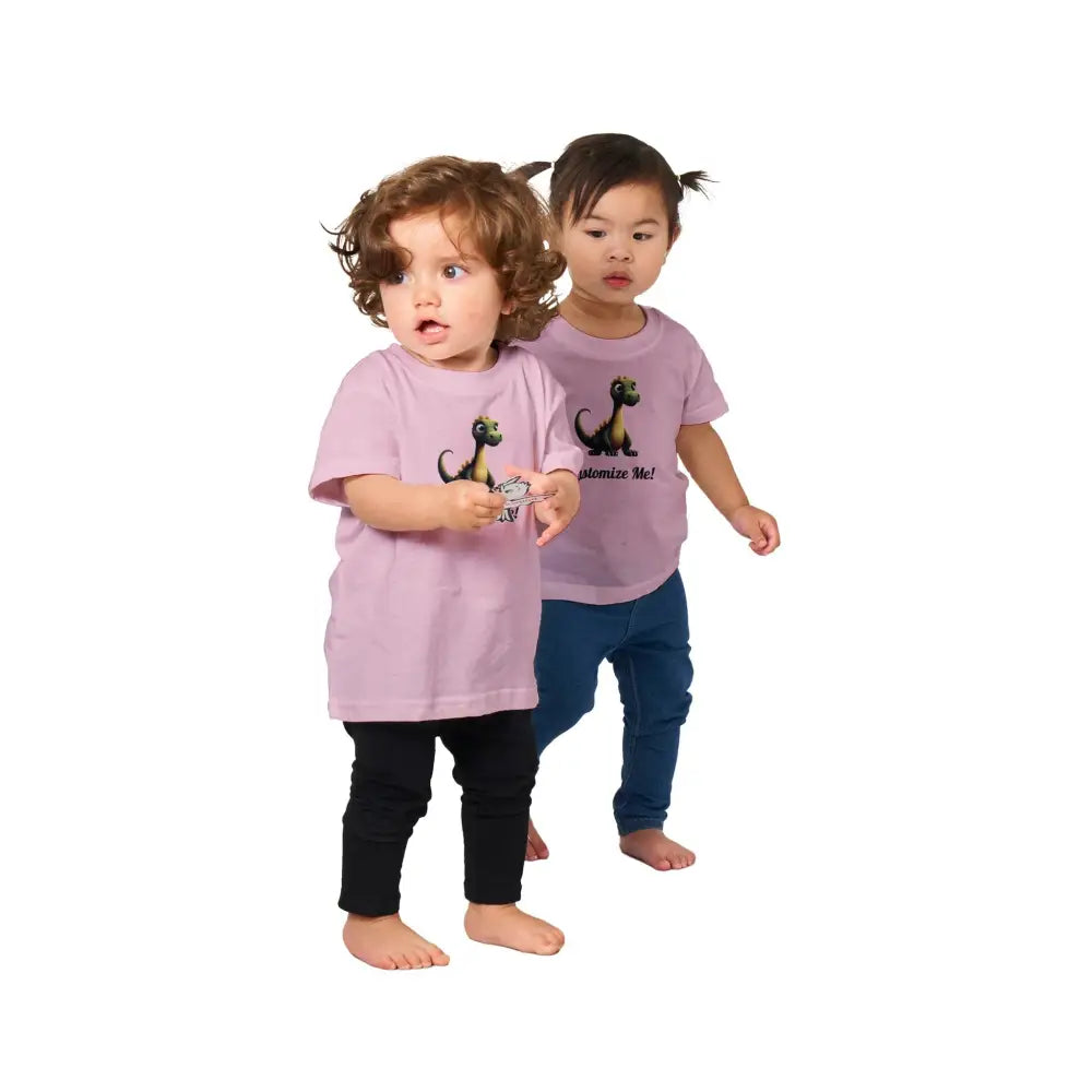 Two toddlers in favorite dinosaur pink graphic tees