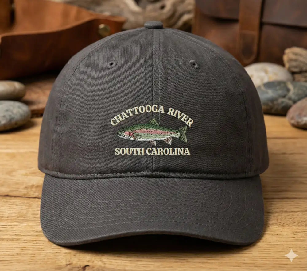 Personalized rainbow trout hat with custom fishing location Chattooga River, South Carolina