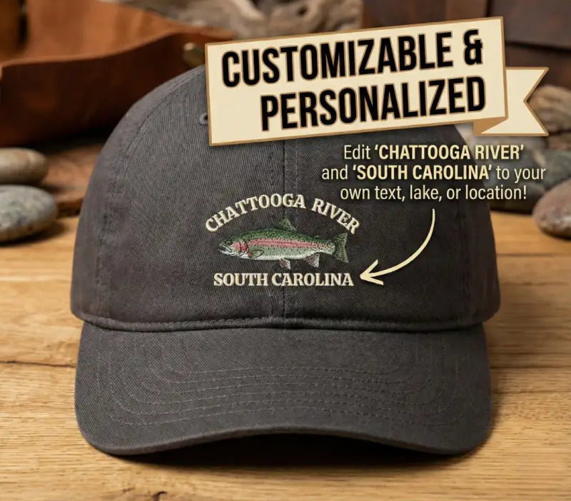 Personalized rainbow trout hat with custom fishing location Chattooga River, South Carolina