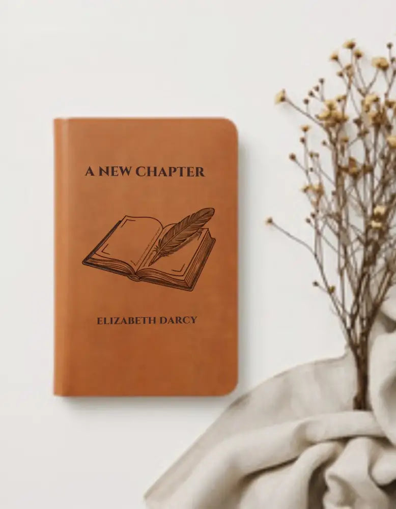 Personalized vegan leather chapter journal with open book quill