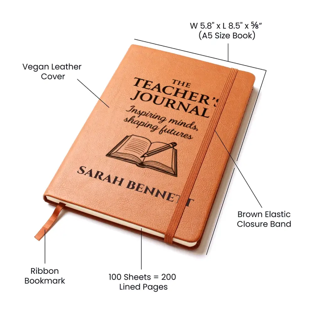 Personalized vegan leather teachers journal with elastic closure