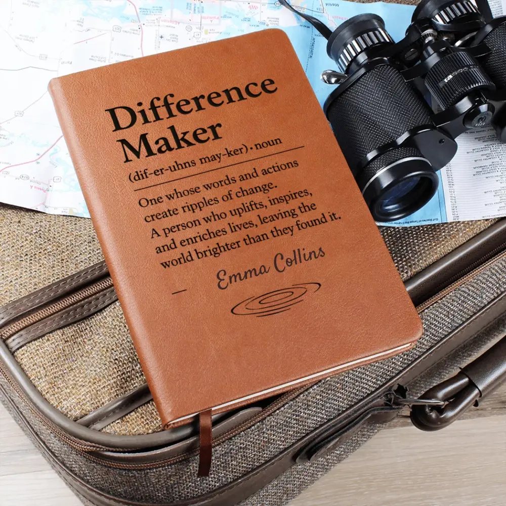 Brown leather-bound custom personalized journal with embossed design