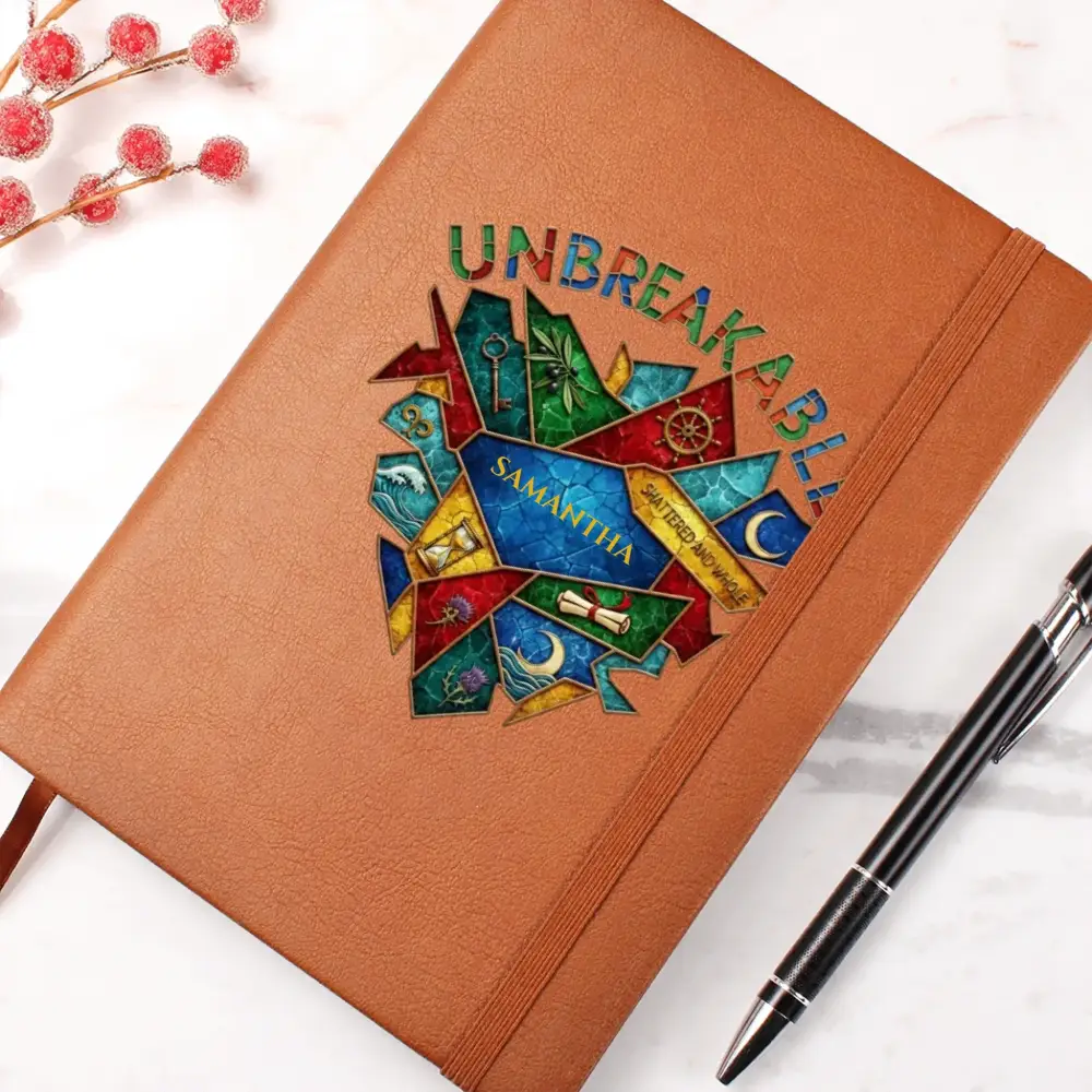 Brown vegan leather unbreakable journal with colorful abstract design