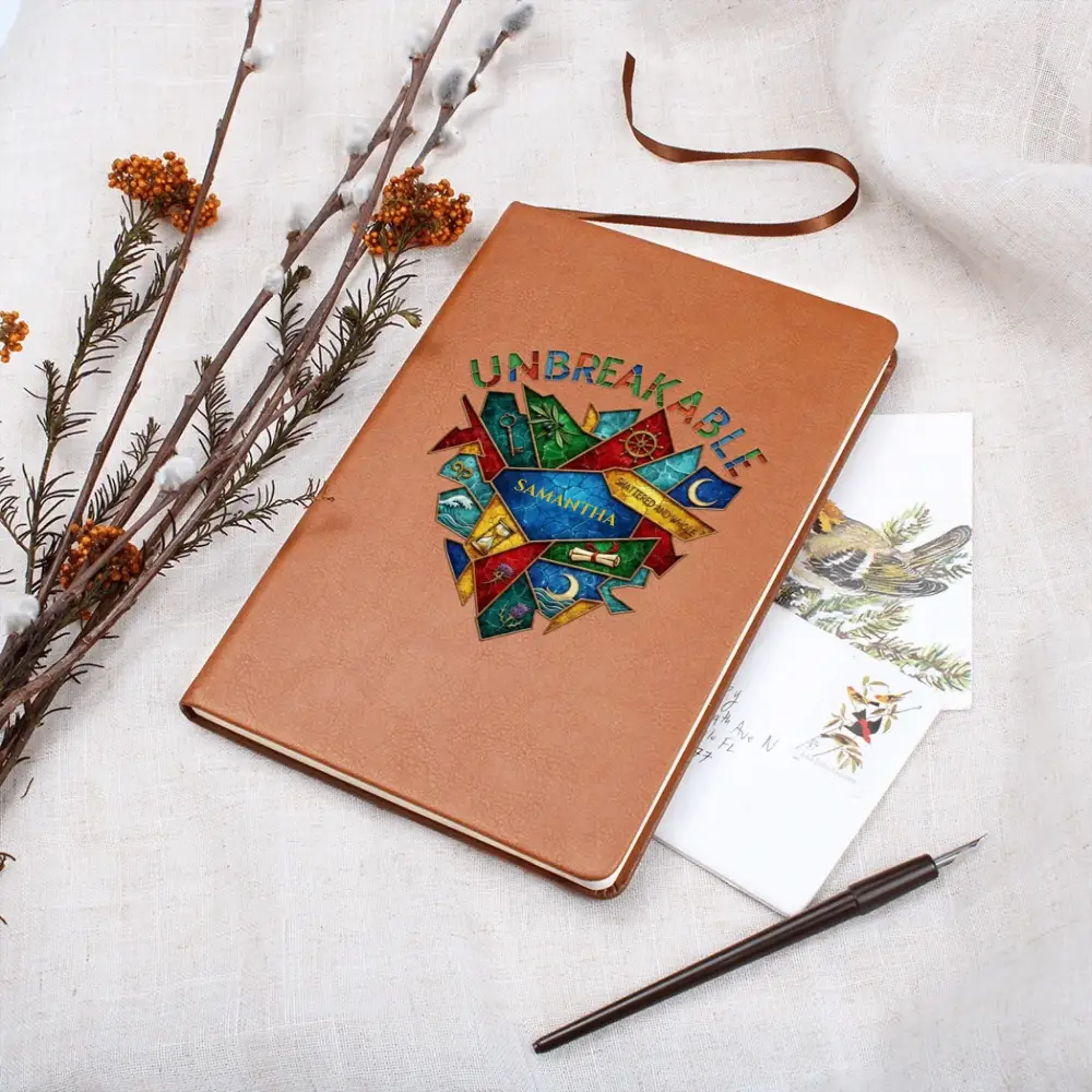 Personalized unbreakable journal with Samantha in brown vegan leather