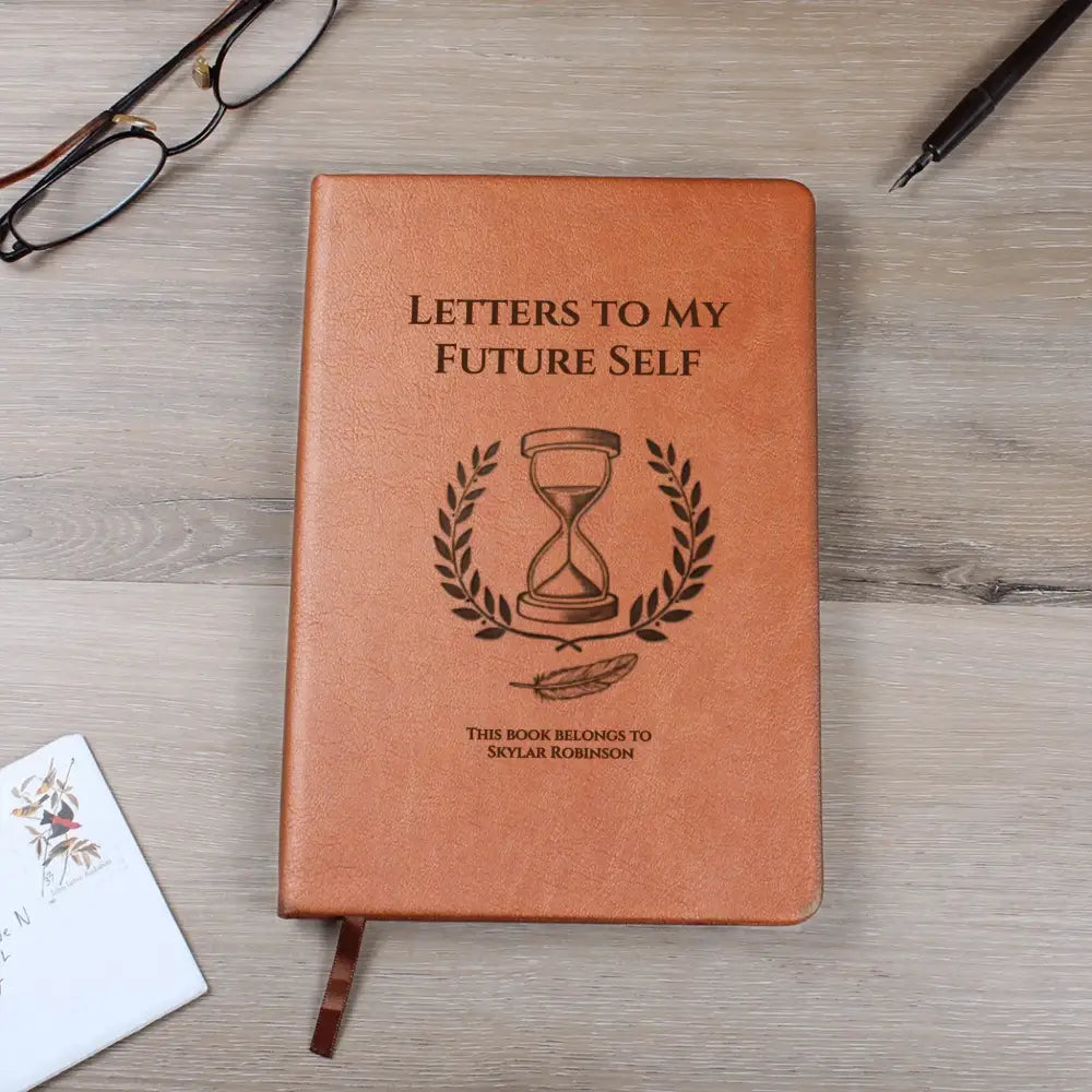 Tan custom vegan leather time capsule notebook with hourglass olive design