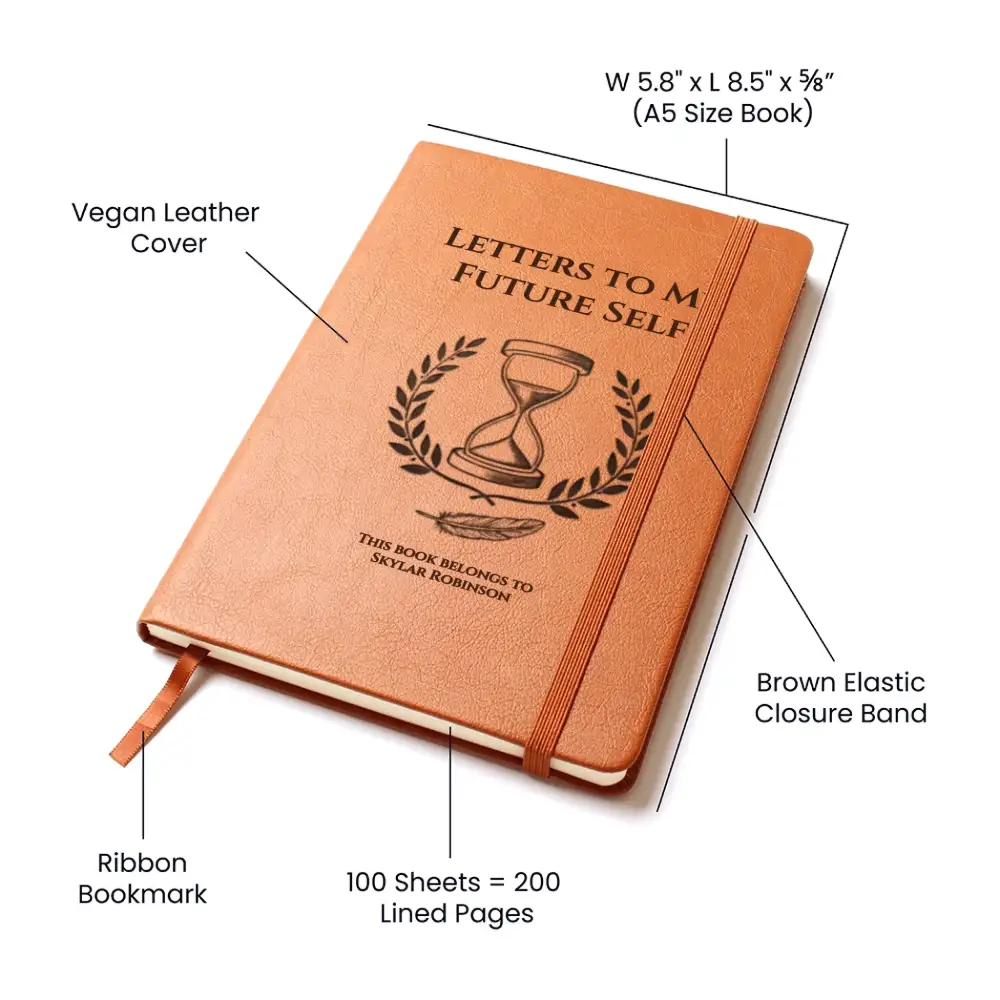 Personalized brown vegan leather time capsule notebook with ribbon bookmark