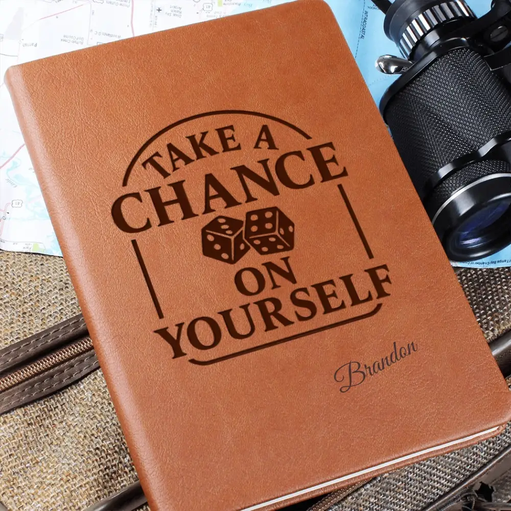 Personalized brown vegan leather self-belief notebook with embossed Take a Chance on Yourself cover