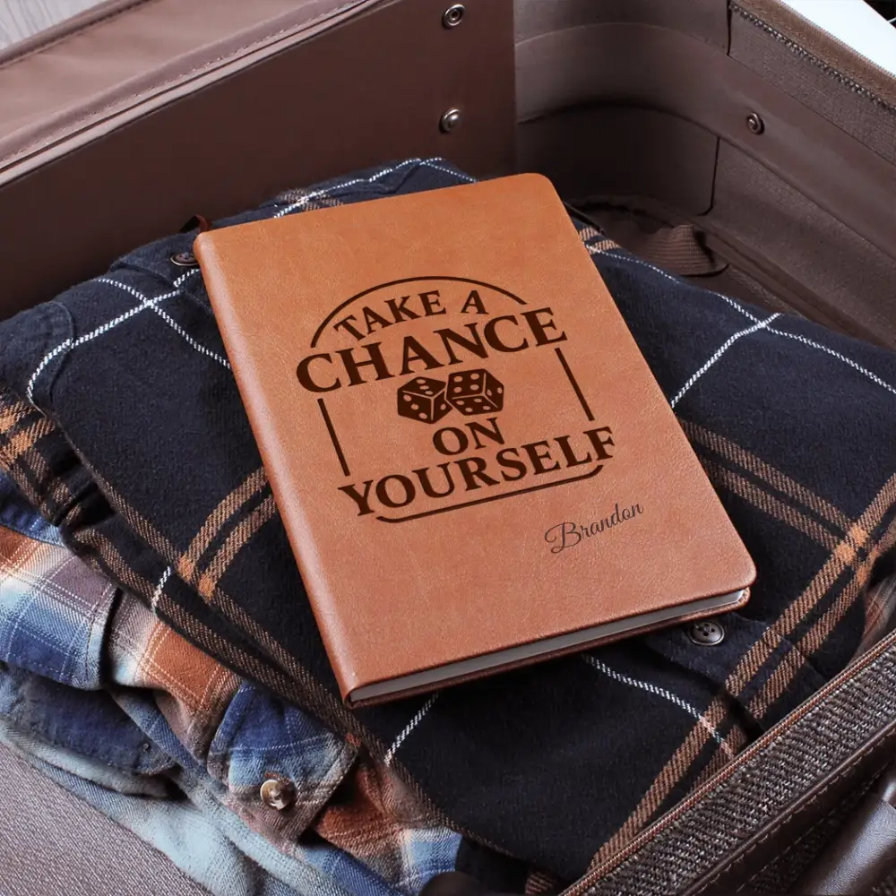 Personalized vegan leather self-belief notebook with engraved dice