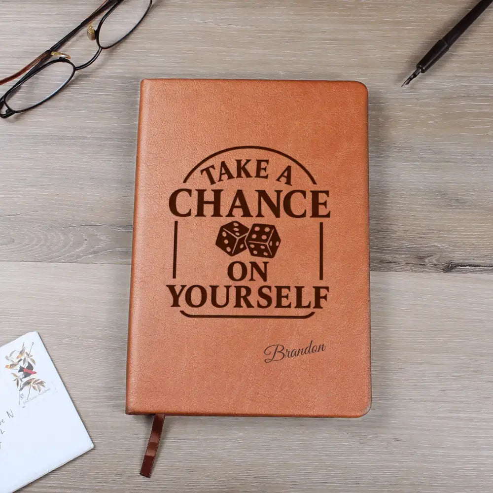 Tan vegan leather self-belief notebook with engraved quote