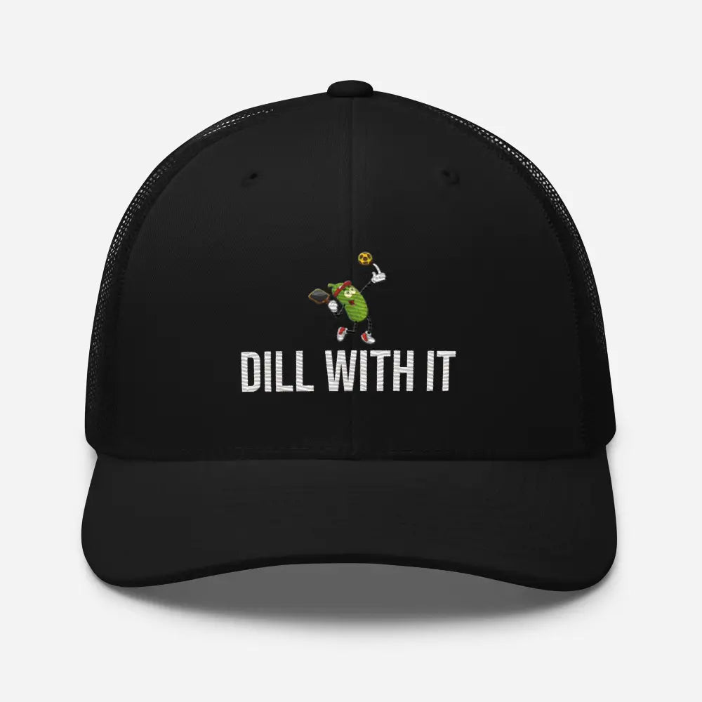 Trini Skies pickleball embroidered trucker hat black mesh with humorous graphic