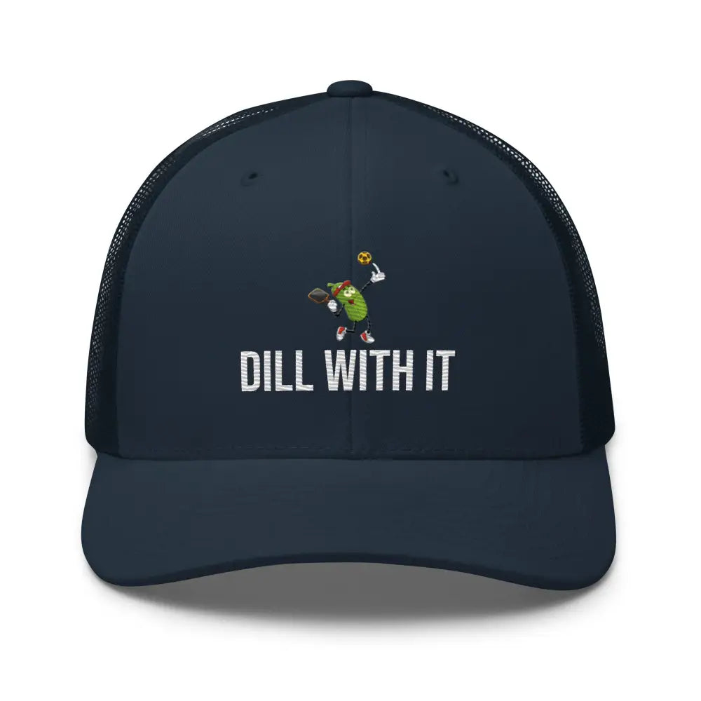 Trini Skies pickleball embroidered trucker hat with DILL WITH IT pickle design