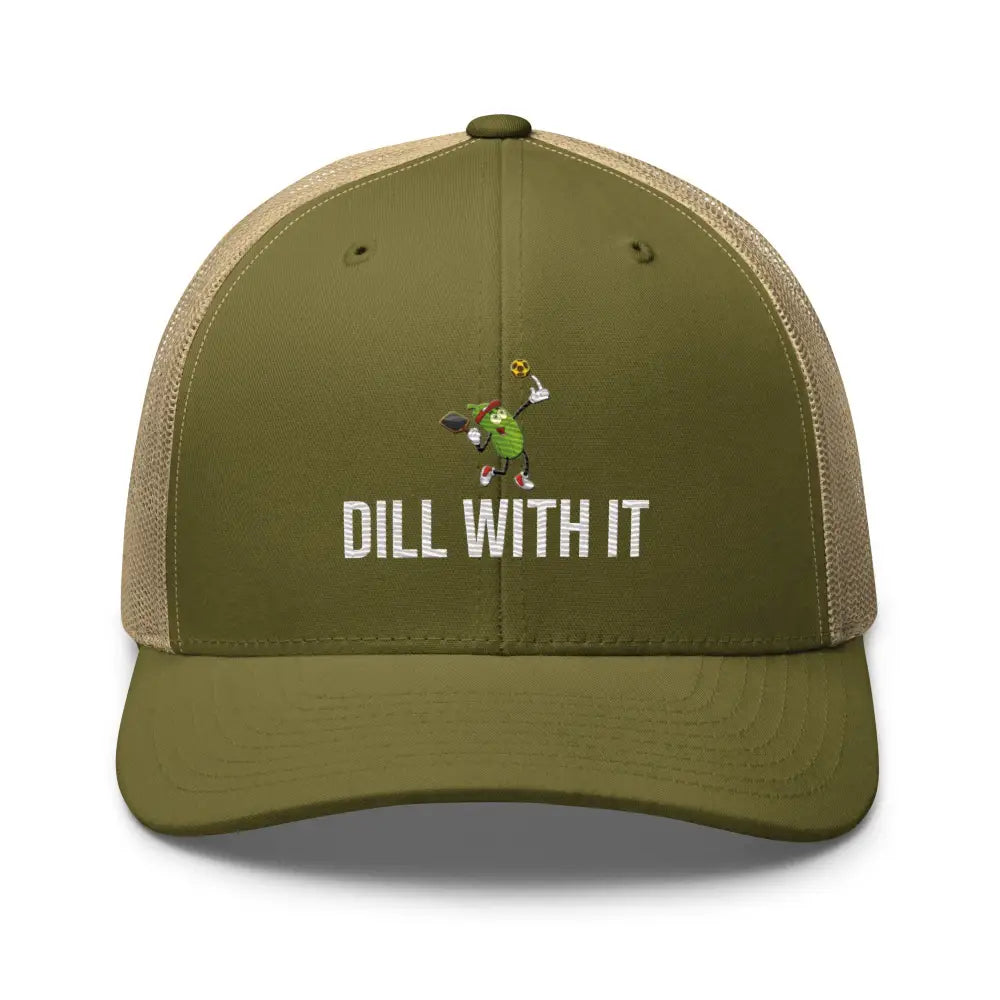 Trini Skies pickleball embroidered trucker hat in olive green tan mesh
