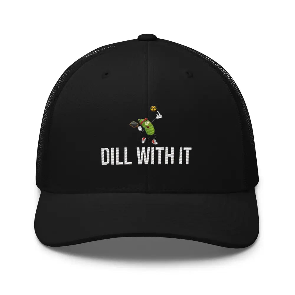 Trini Skies black mesh pickleball embroidered trucker hat with pickle graphic
