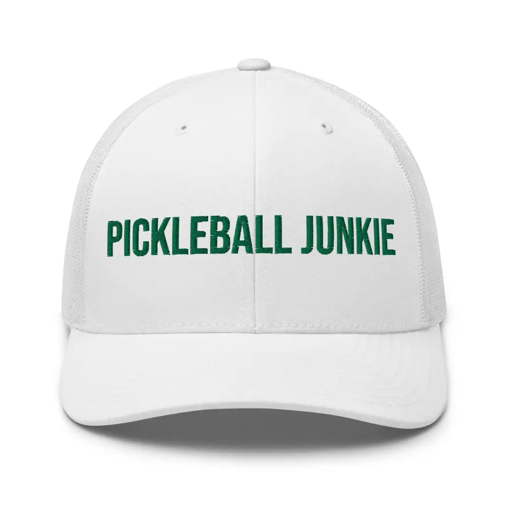 White Trini Skies pickleball junkie embroidered trucker hat