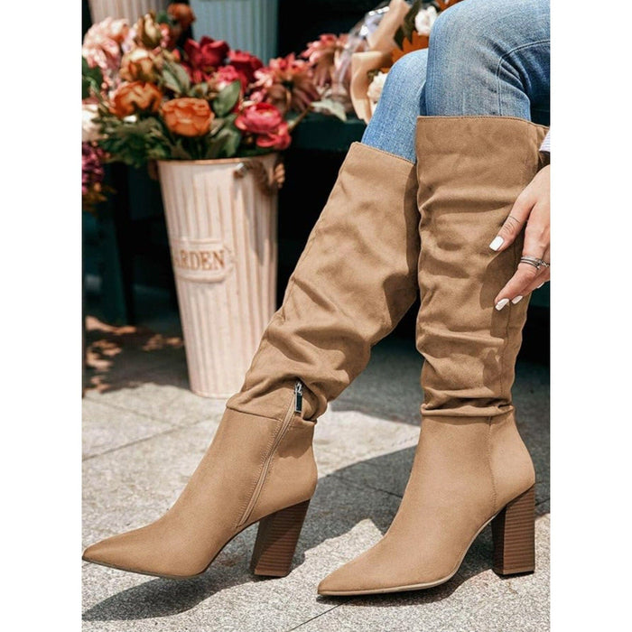 PiePieBuy 9.5 / Beige / Suede PiePieBuy Women's Knee High Chunky Heel Boots, Pointed Toe, Size 9.5