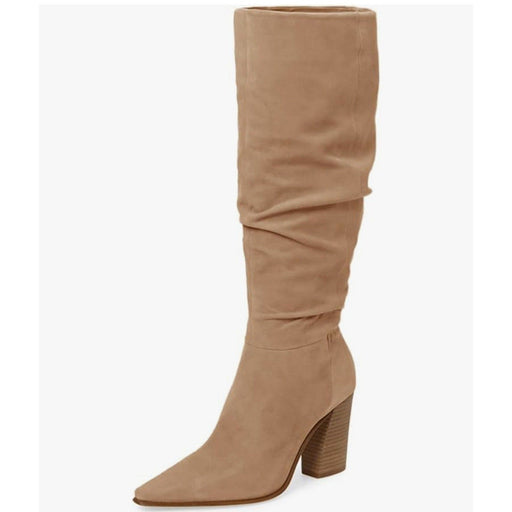 PiePieBuy 9.5 / Beige / Suede PiePieBuy Women's Knee High Chunky Heel Boots, Pointed Toe, Size 9.5