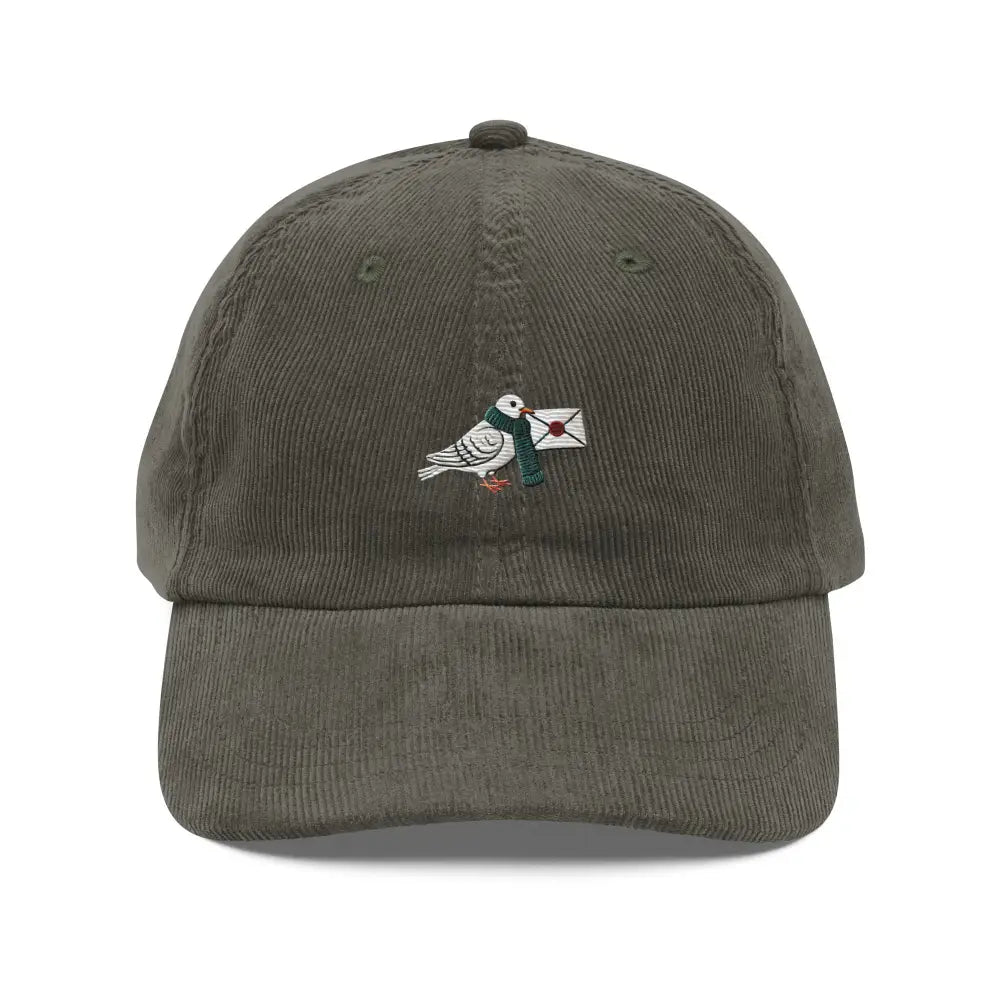 Olive green vintage corduroy Trini Skies cap with pigeon embroidery