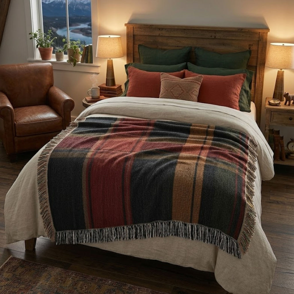 Ember Ridge dark plaid woven throw layered at the foot of a bed in a cabin bedroom — Trini Skies
