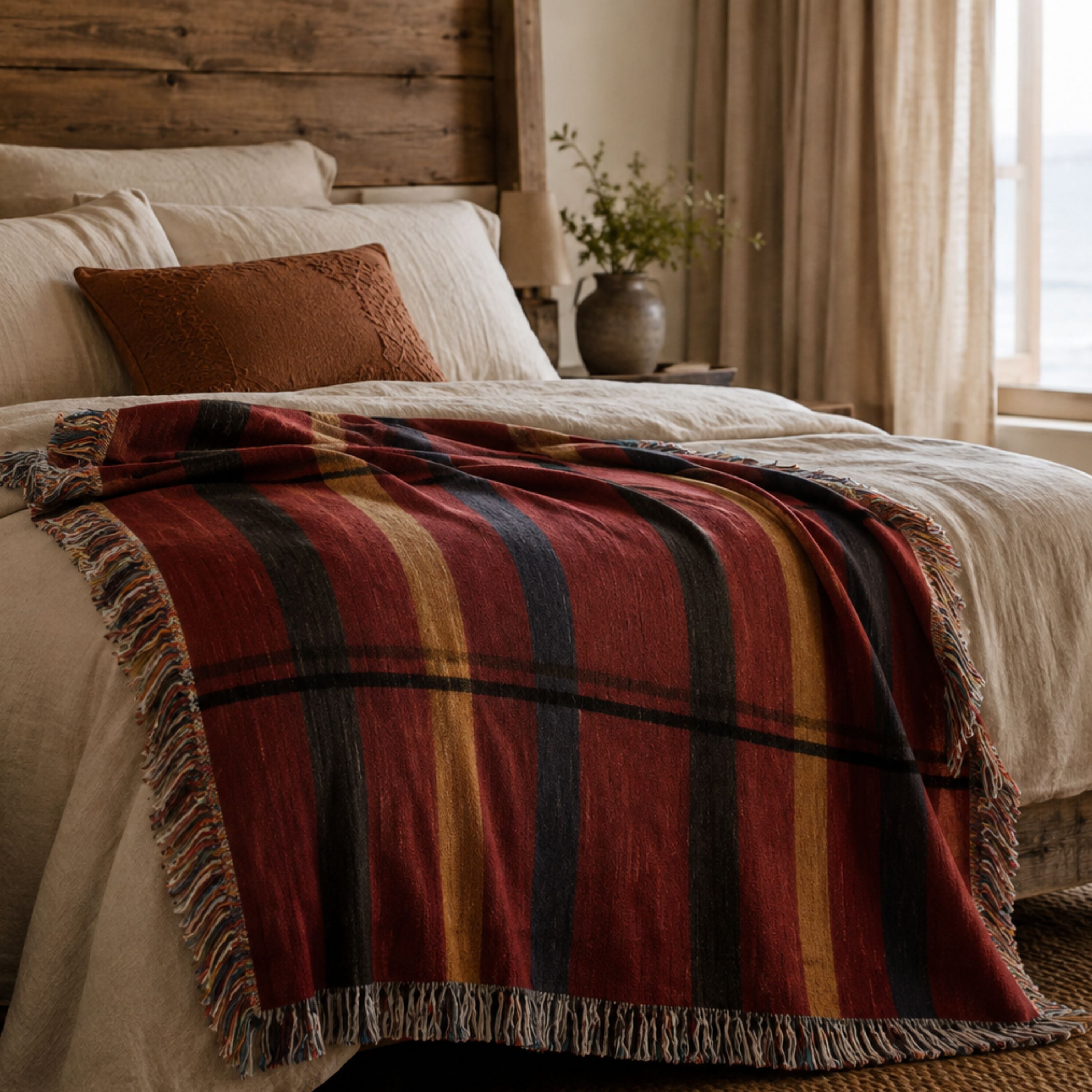 Red navy and gold plaid woven cotton throw blanket laid diagonally across a bed with warm ivory linens in early morning light — Trini Skies