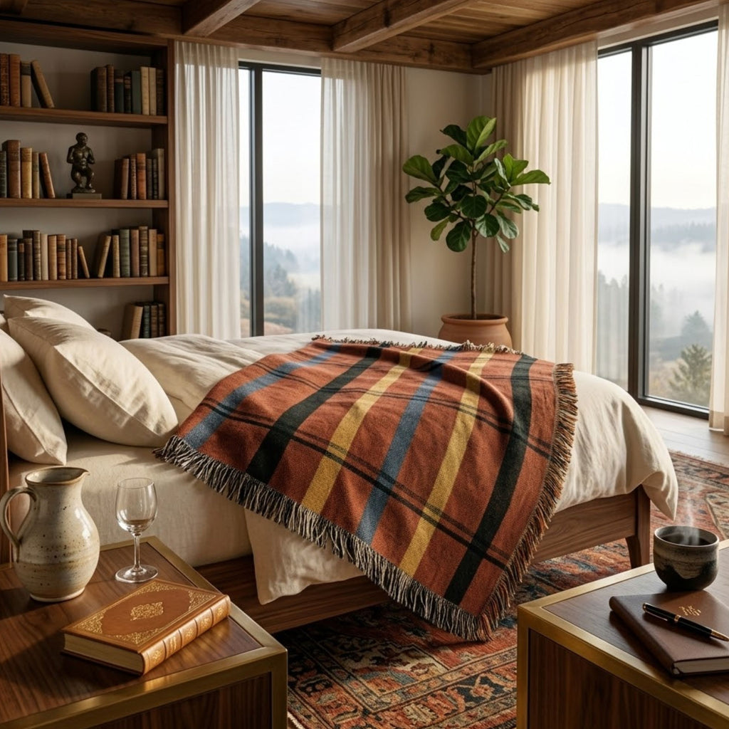Red and navy plaid woven cotton throw blanket draped over the foot of a bed in a mountain lodge bedroom with floor-to-ceiling windows and morning fog — Trini Skies