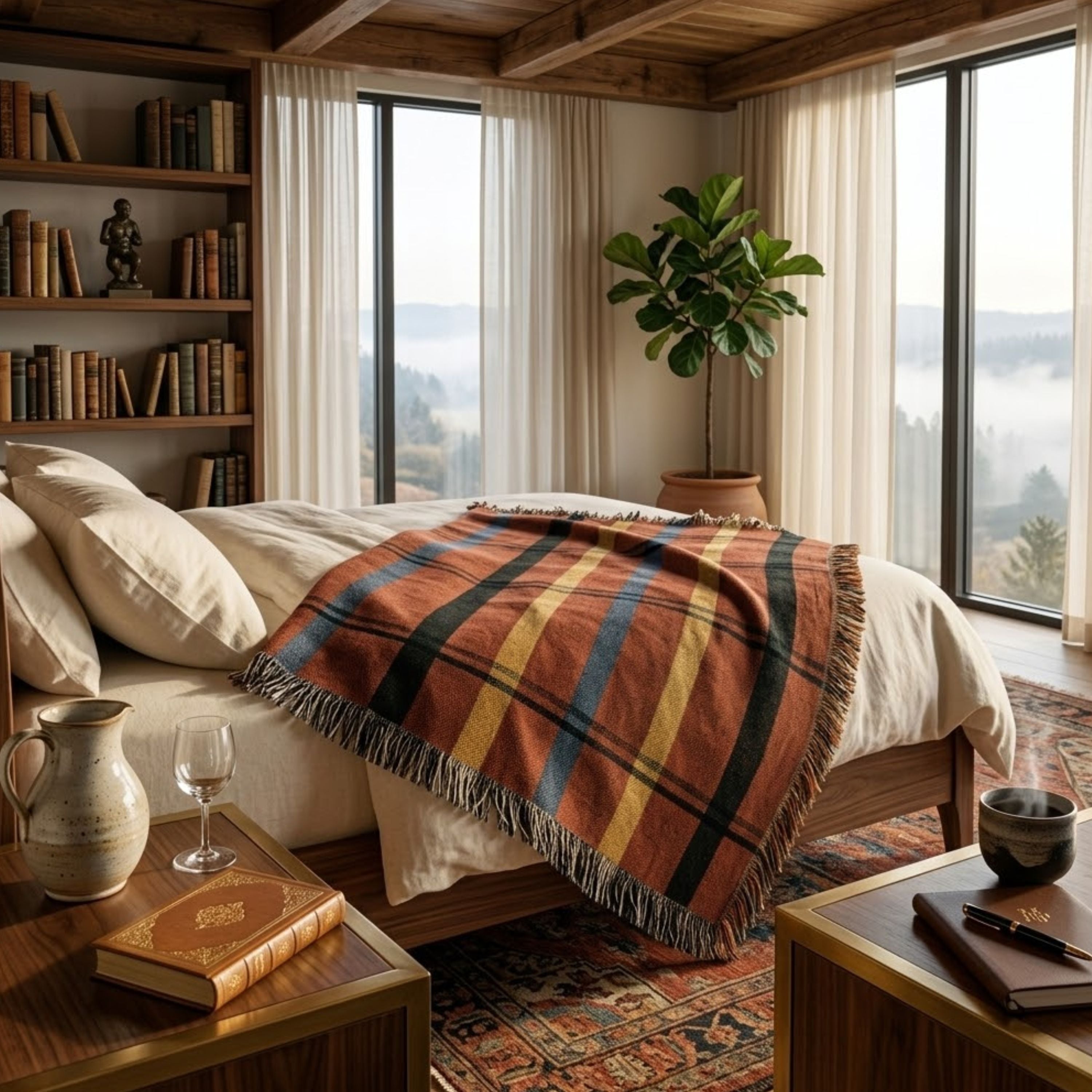 Red and navy plaid woven cotton throw blanket draped over the foot of a bed in a mountain lodge bedroom with floor-to-ceiling windows and morning fog — Trini Skies