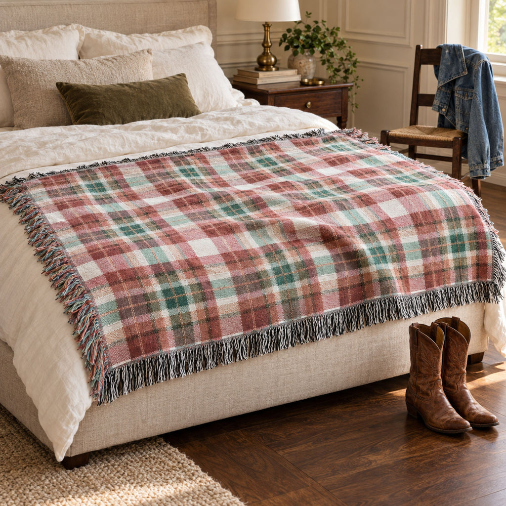 A plaid throw blanket with fringe is draped over a bed in a styled bedroom. The blanket has a red, green, and white tartan pattern.