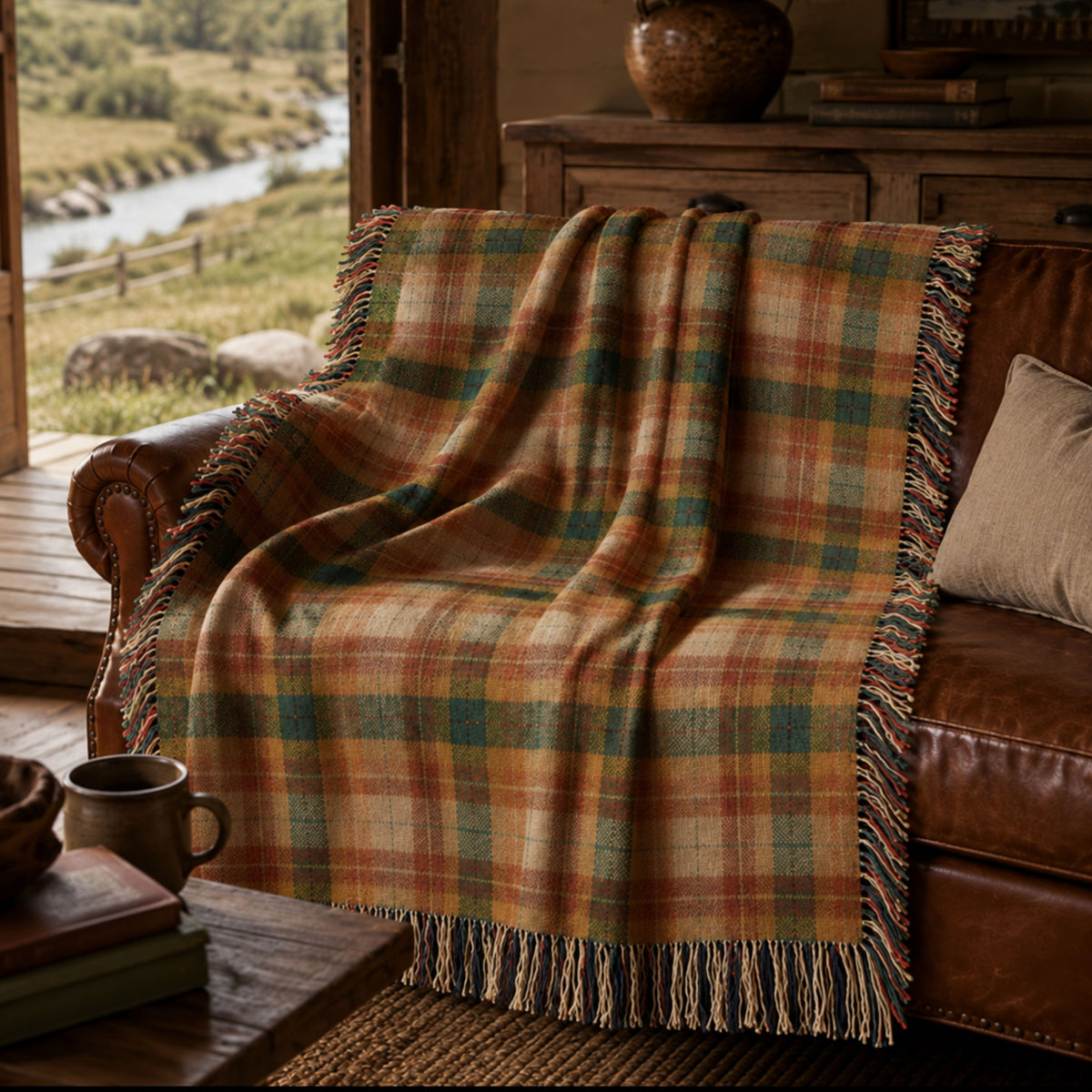 Teal and rust plaid woven cotton throw blanket draped over a leather sofa in a riverside cabin