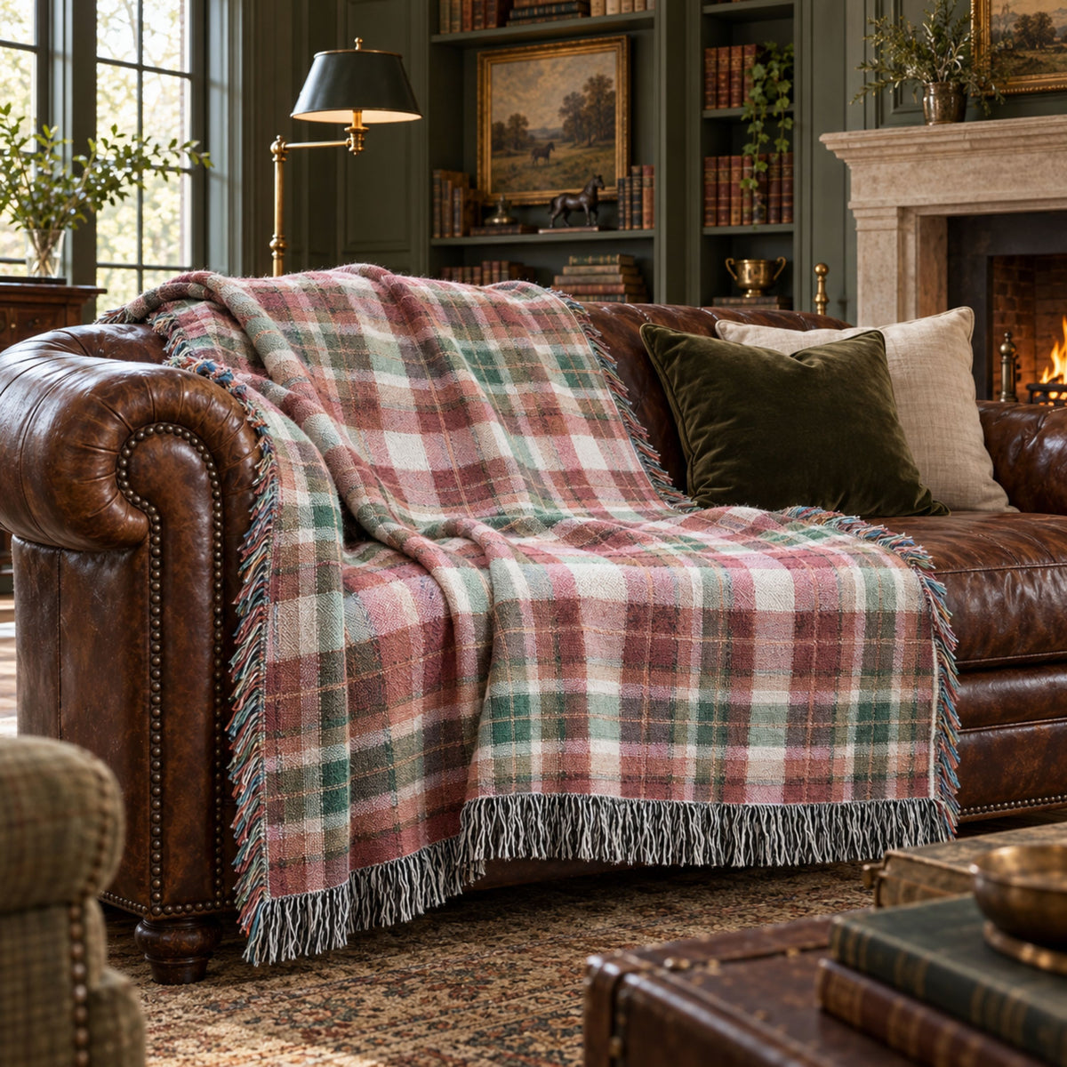 A fringed plaid throw blanket in muted red, green, cream, and gray tones draped over a brown leather sofa in a cozy living room with a fireplace, bookshelves, and lamps.