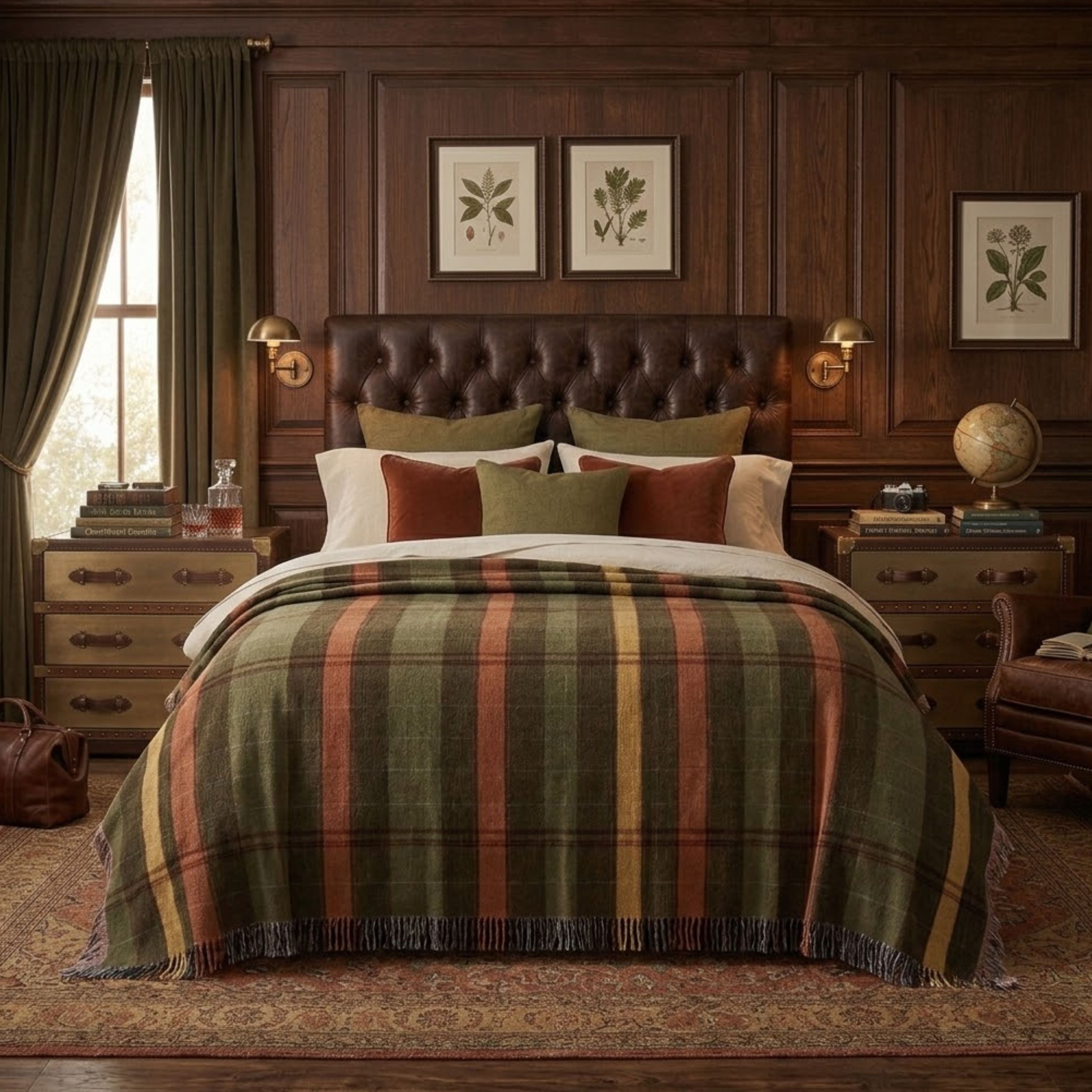 Green, rust, and mustard plaid woven cotton throw blanket (Cascade Ridge) laid across a bed in a wood-paneled bedroom — Trini Skies