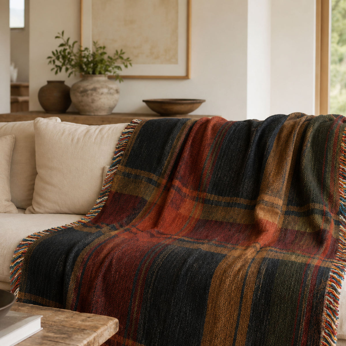 Ember Ridge dark plaid woven throw draped over a sofa in a cabin living room — Trini Skies