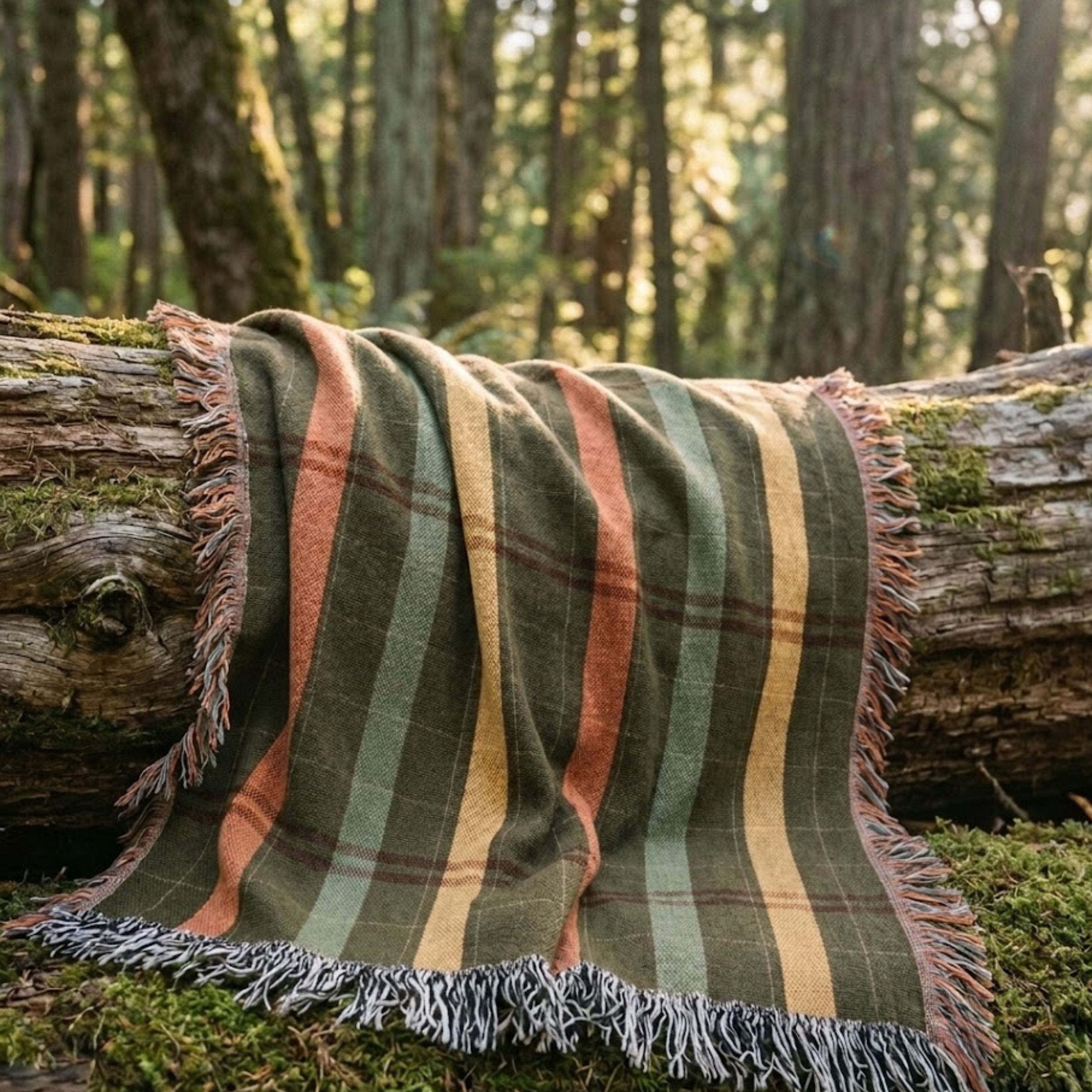 Green, rust, and mustard plaid woven cotton throw blanket (Cascade Ridge) draped over a fallen log in the forest, showing the multicolor cotton fringe — Trini Skies