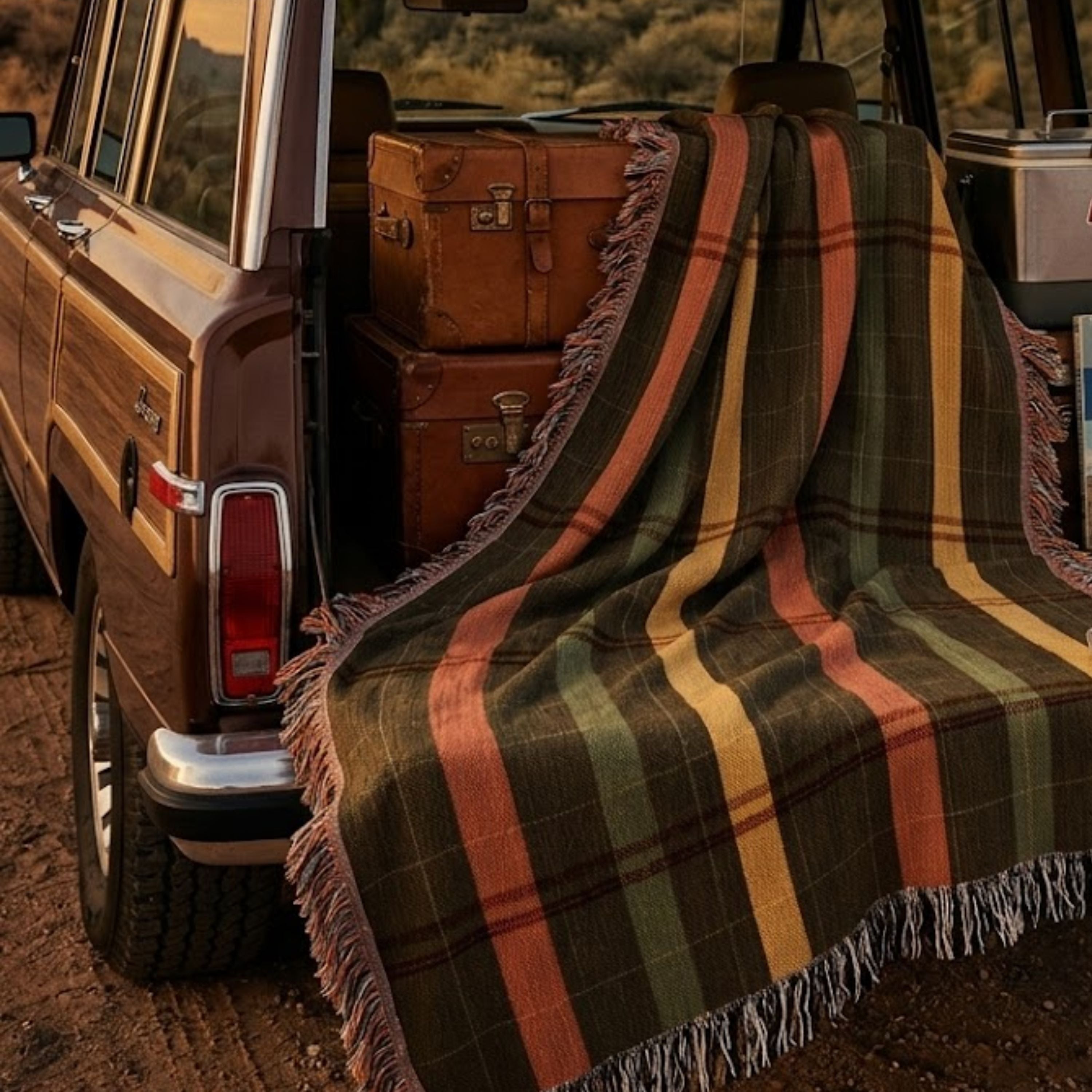 Green, rust, and mustard plaid woven cotton throw blanket (Cascade Ridge) draped over the open tailgate of a vintage wagon — Trini Skies