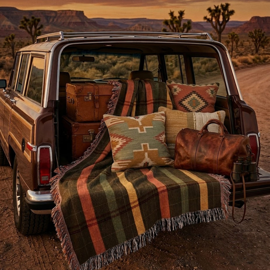 Green, rust, and mustard plaid woven cotton throw blanket (Cascade Ridge) worn wrapped around a woman sitting on a hillside overlook at sunset — Trini Skies