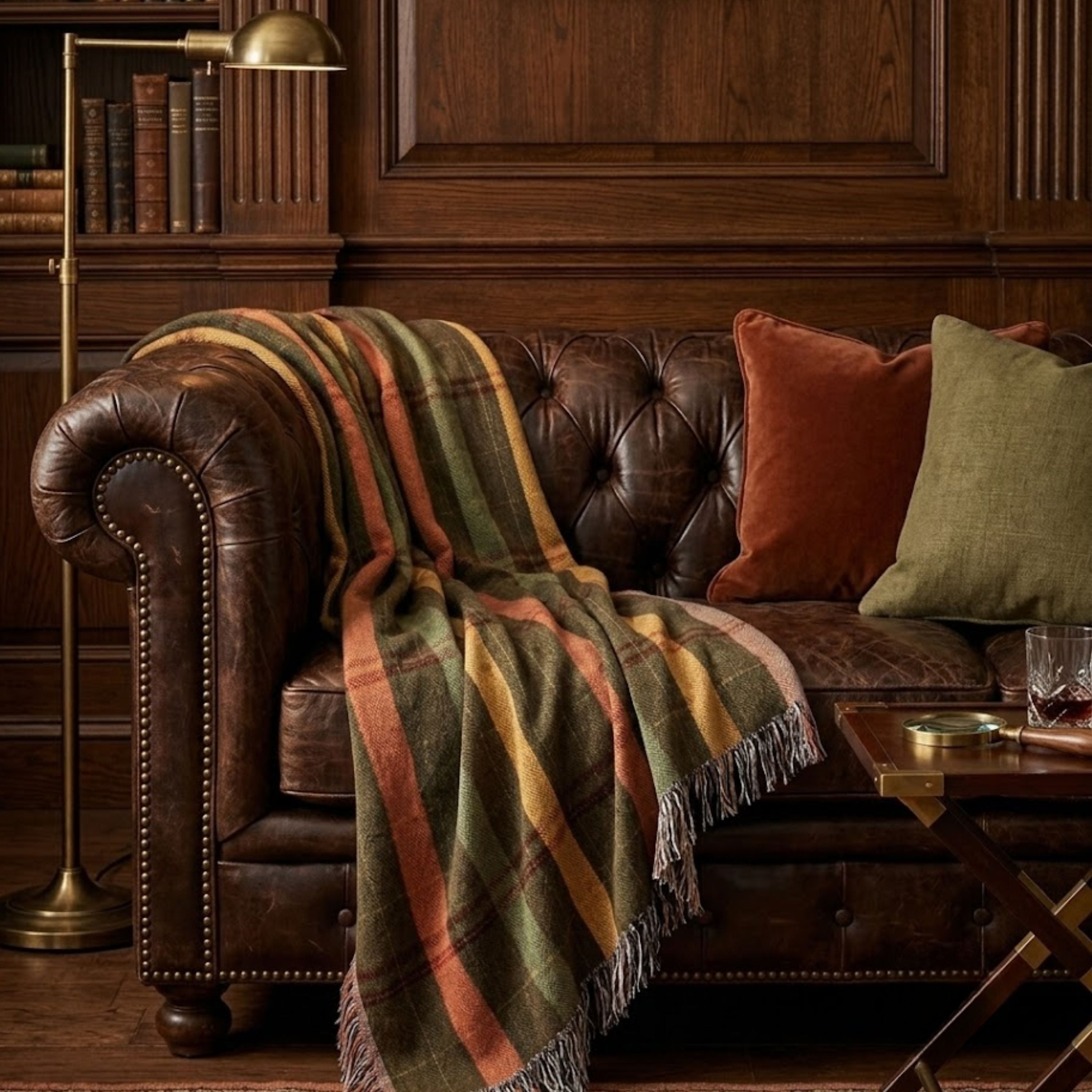 Green, rust, and mustard plaid woven cotton throw blanket (Cascade Ridge) draped over a leather chesterfield sofa — Trini Skies
