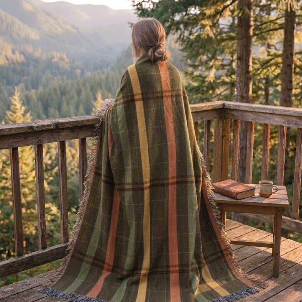Green, rust, and mustard plaid woven cotton throw blanket (Cascade Ridge) worn wrapped around a woman's shoulders on a cabin deck overlooking forested mountains at golden hour — Trini Skies