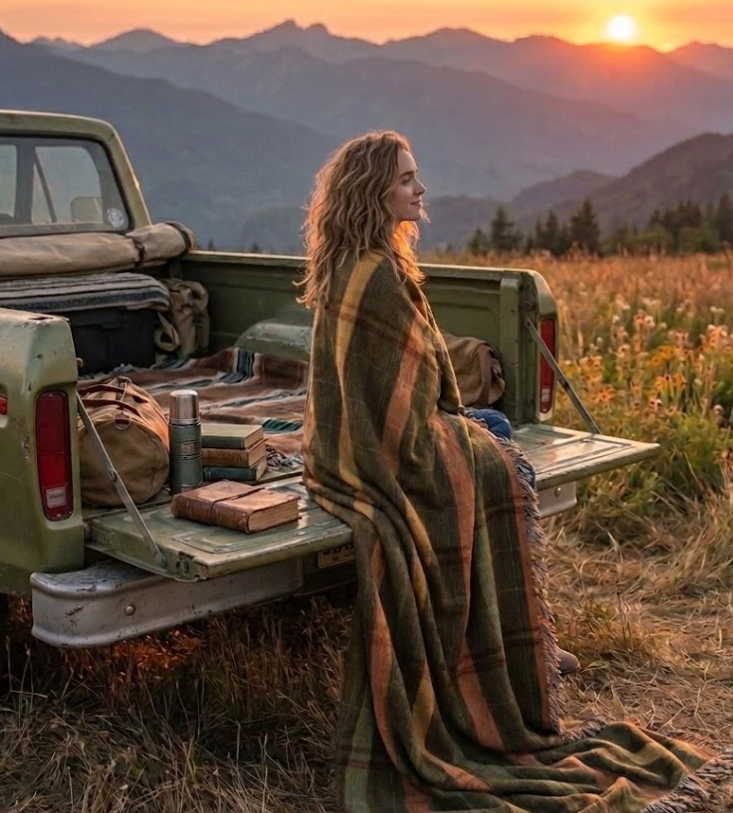 Green, rust, and mustard plaid woven cotton throw blanket (Cascade Ridge) draped over a truck bed at sunset with mountains in the background — Trini Skies