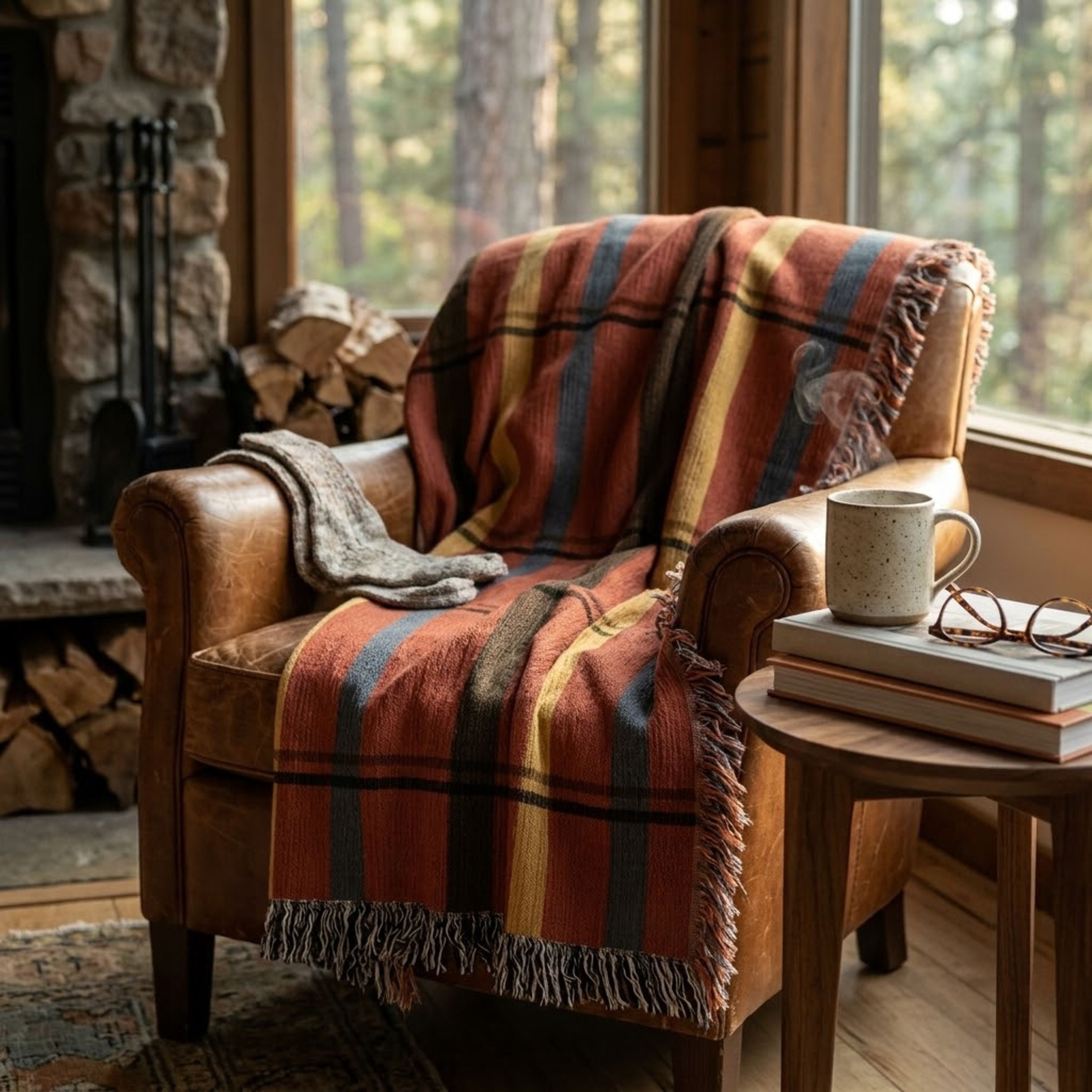 Red plaid fringed cotton throw blanket draped over a brown leather armchair beside a sunlit window with a mug of coffee nearby — Trini Skies