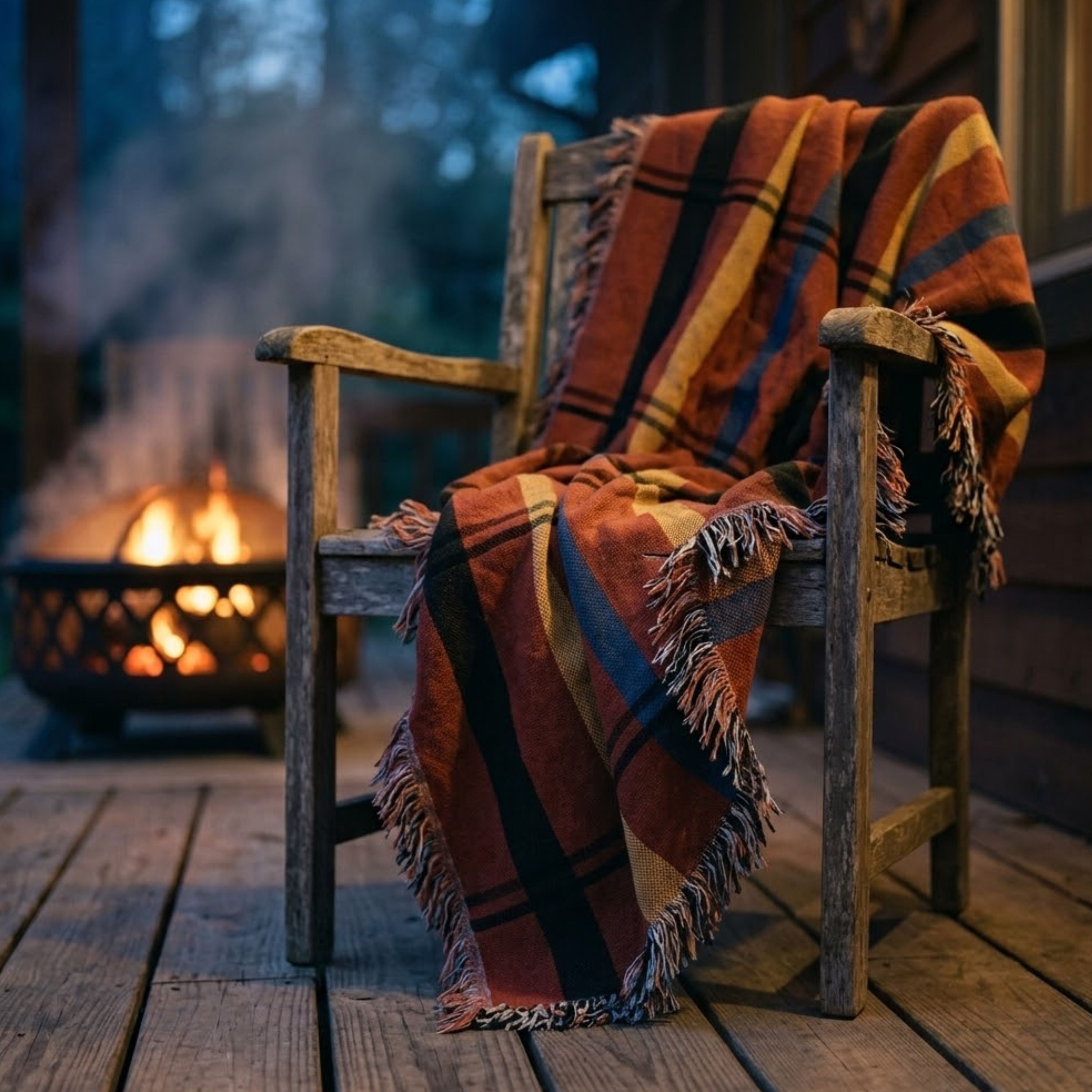 Red plaid fringed throw blanket draped over a weathered wooden chair beside a glowing outdoor fire pit at dusk — Trini Skies