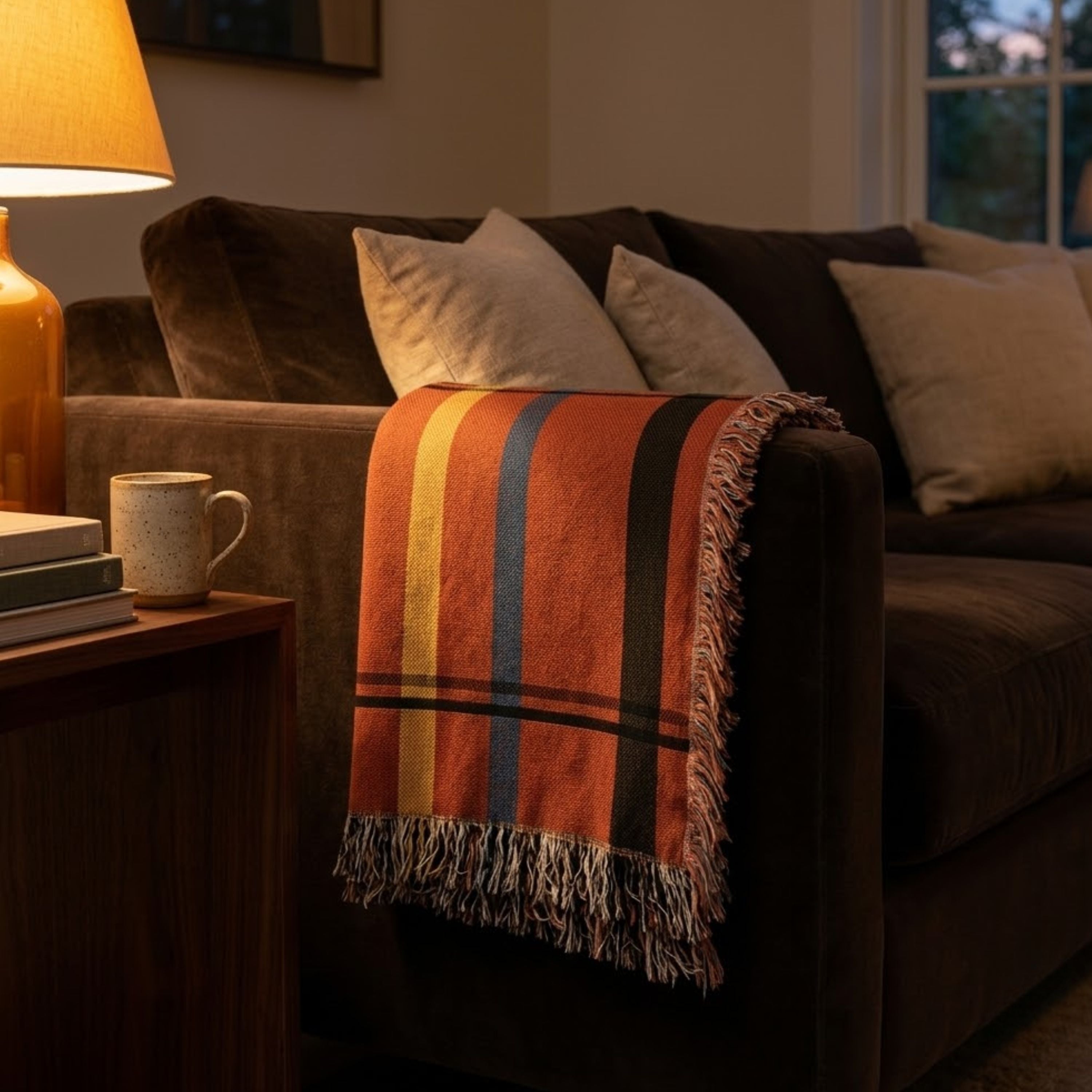 Red plaid fringed cotton throw blanket draped over the arm of a dark leather sofa in a warmly lit living room with lamp glow — Trini Skies