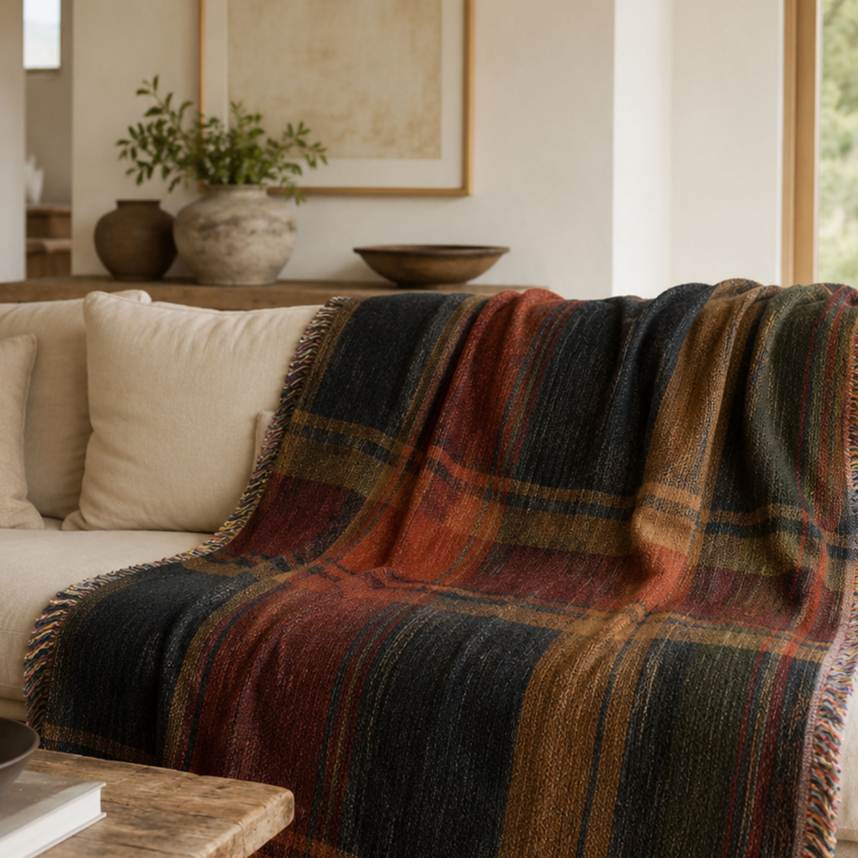 Ember Ridge dark plaid woven throw draped over a sofa in a cabin living room — Trini Skies