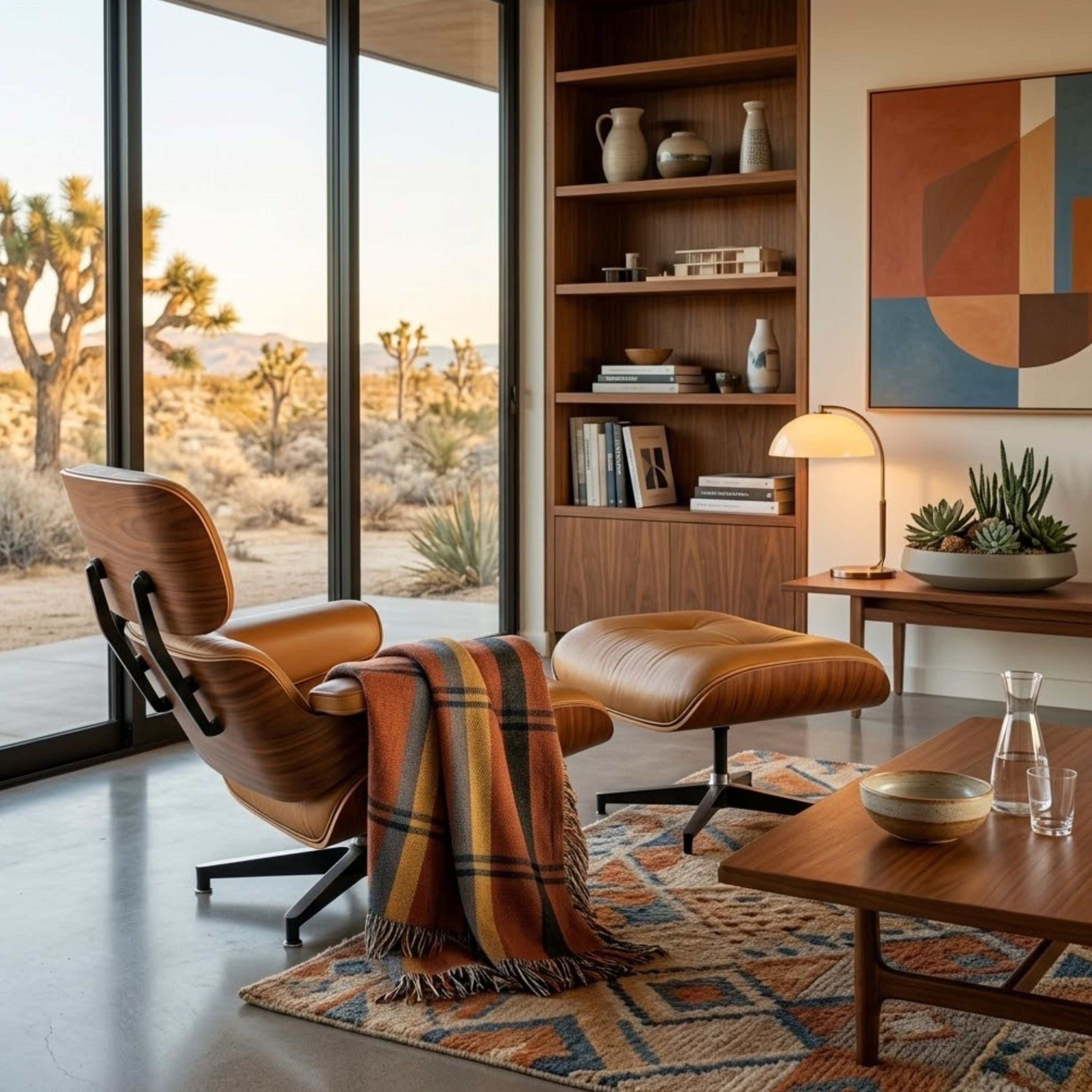 Red plaid woven throw blanket draped over a mid-century lounge chair in a modern desert living room with Joshua trees visible through floor-to-ceiling windows — Trini Skies