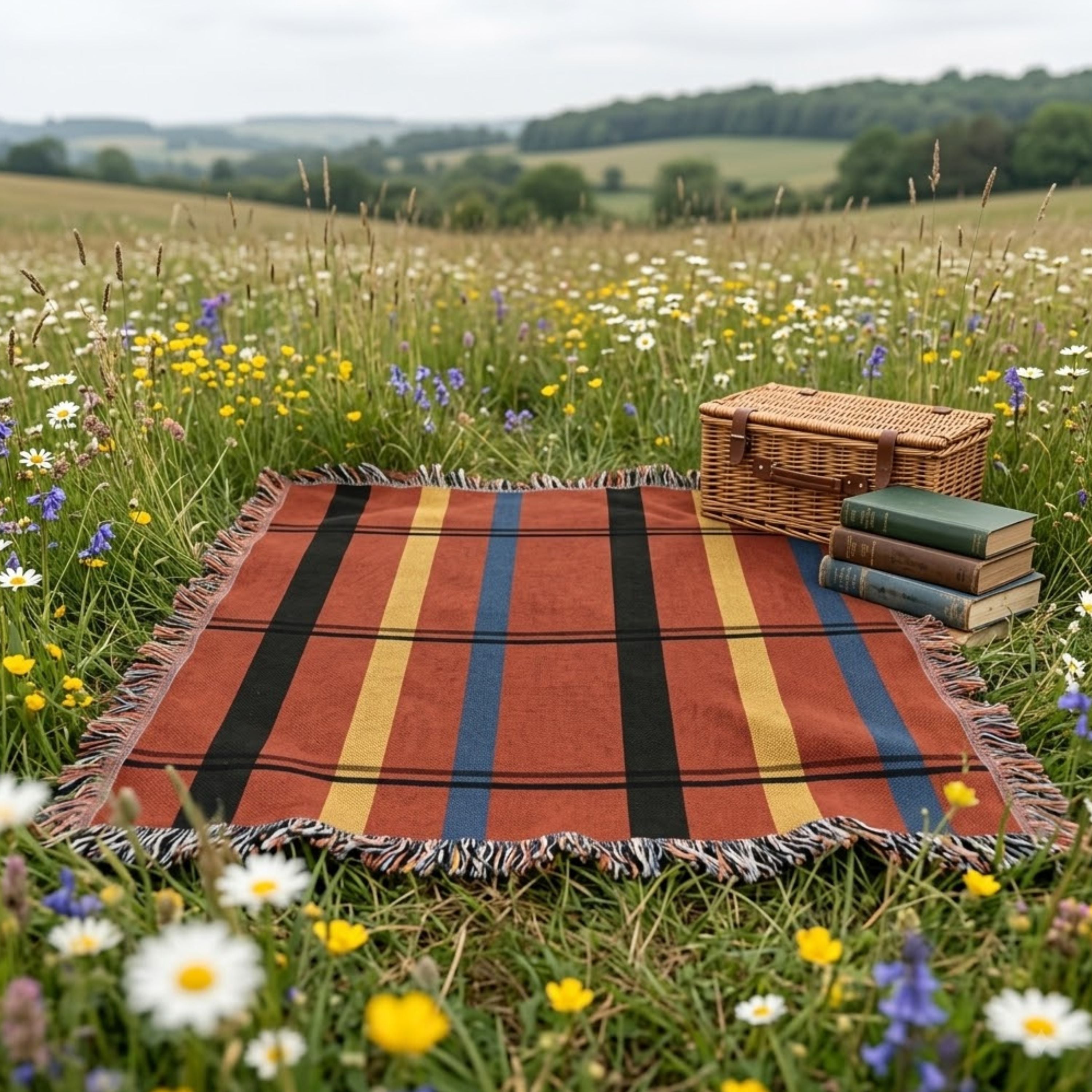 Red plaid woven cotton throw blanket folded beside vintage books on a wildflower meadow at golden hour — Trini Skies